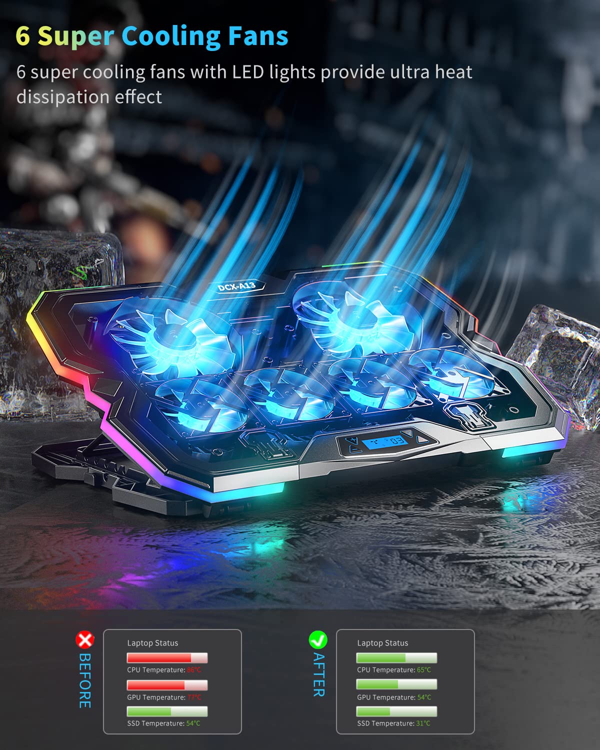 KeiBn cooling pad shows RGB ring lighting for a vibrant gaming setup.