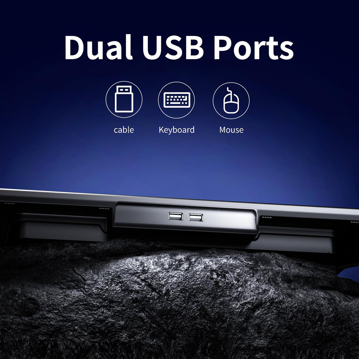 KeiBn dual USB-A ports and cable detail, preserves peripheral connectivity while cooling