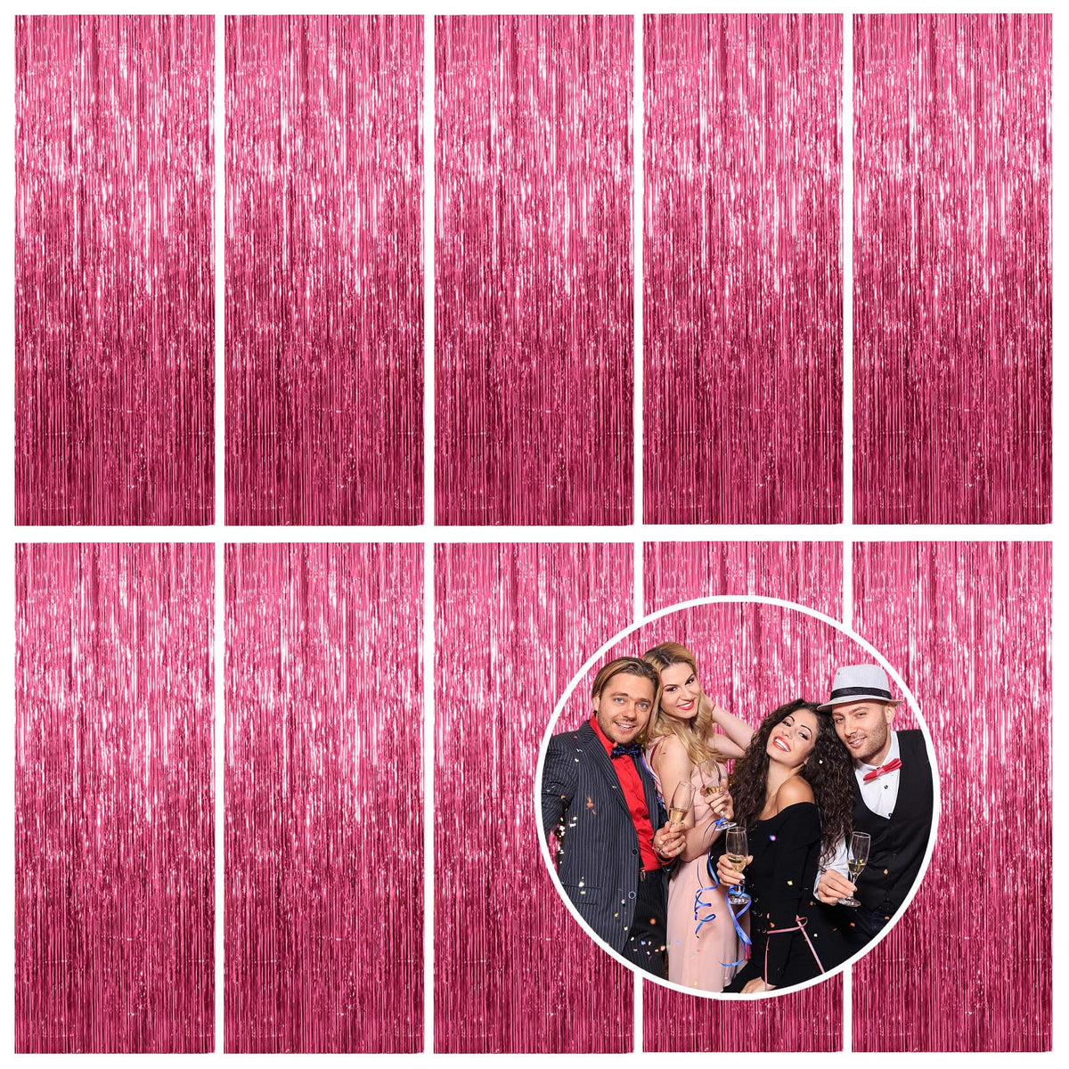 K.E.J. 10-pack pink foil curtain backdrop for vibrant party photo moments.
