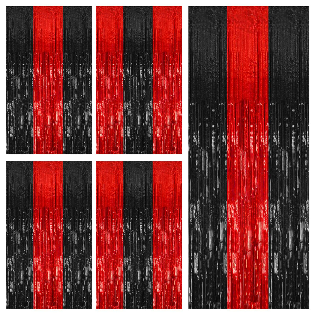 K.E.J. 5-pack black and red foil backdrop curtains on a doorway for a bold party entrance.