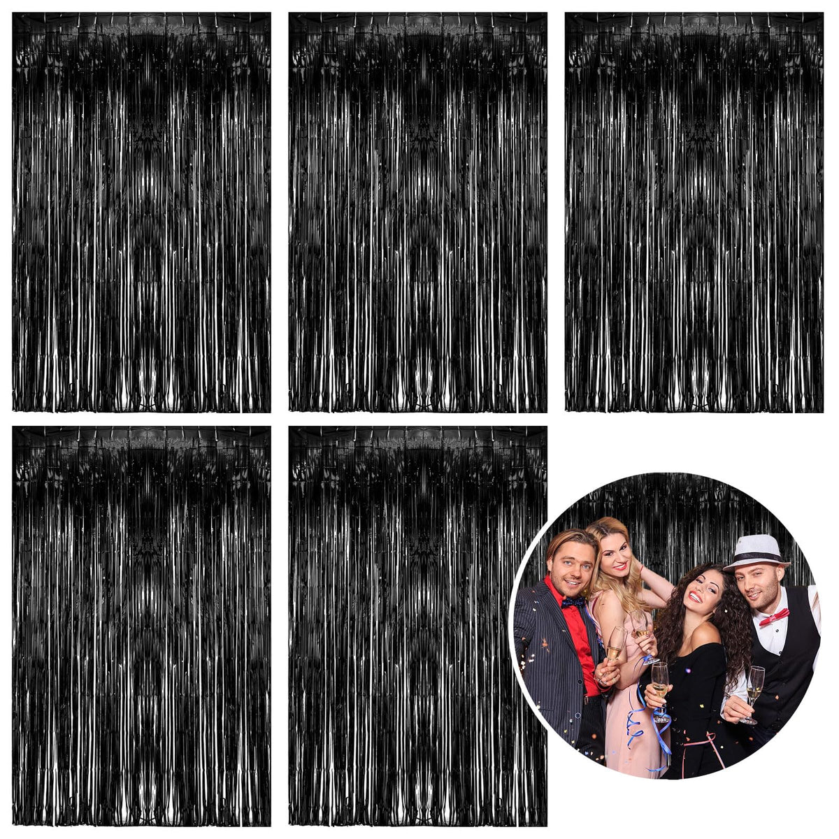 K.E.J. 5Pack foil curtain backdrop in black metallic tinsel for photo booth setups