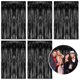 K.E.J. 5Pack foil curtain backdrop in black metallic tinsel for photo booth setups