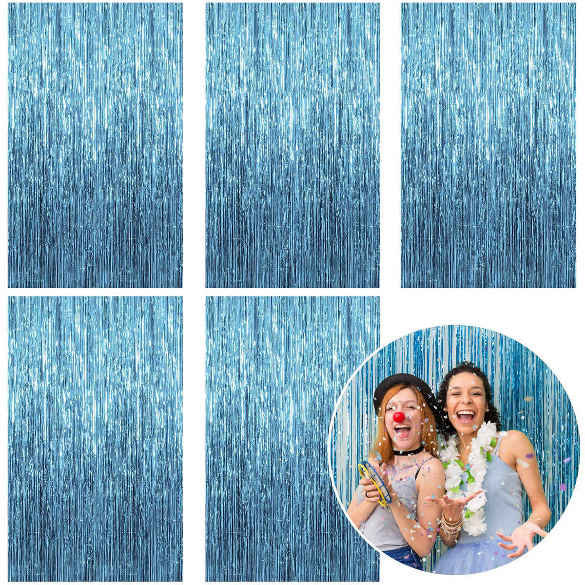K.E.J 5 pack blue metallic foil curtain backdrop for doors and walls with party sparkle