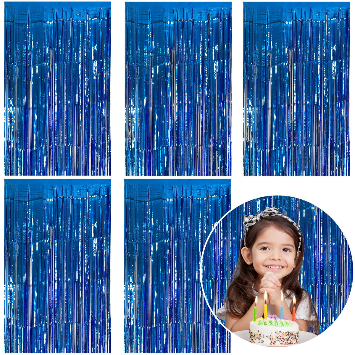 K.E.J. 5 Pack blue foil curtain backdrop creates a sparkling entry for parties.