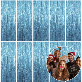 K.E.J. blue metallic foil curtain backdrop for parties and photo booths.