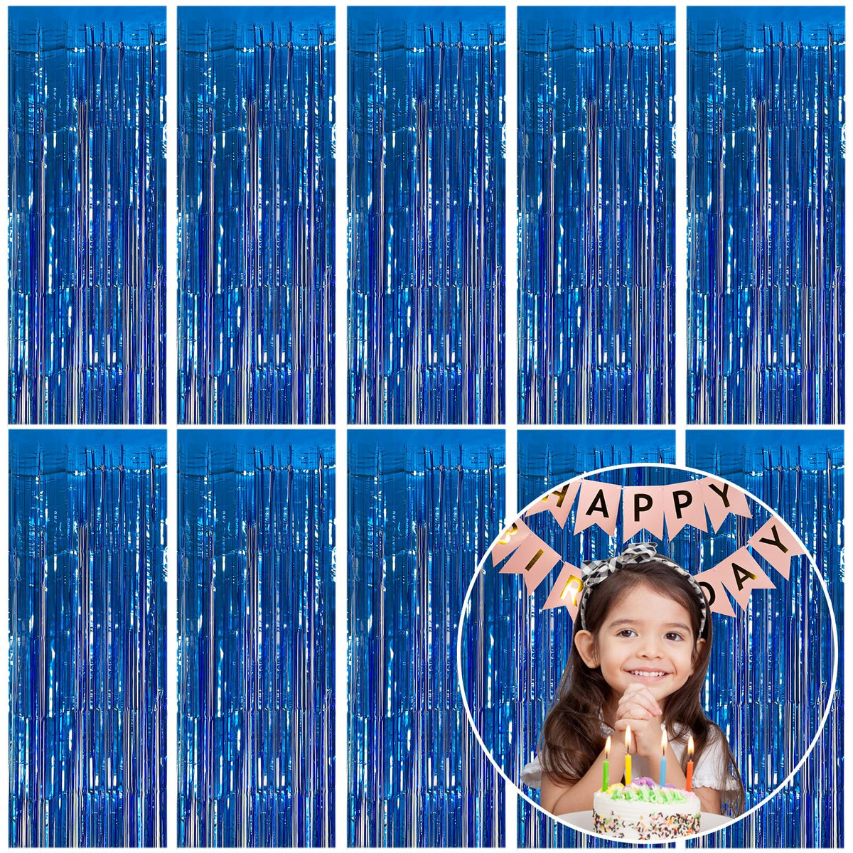 K.E.J. blue metallic foil curtain backdrop for festive photos and easy party decoration.