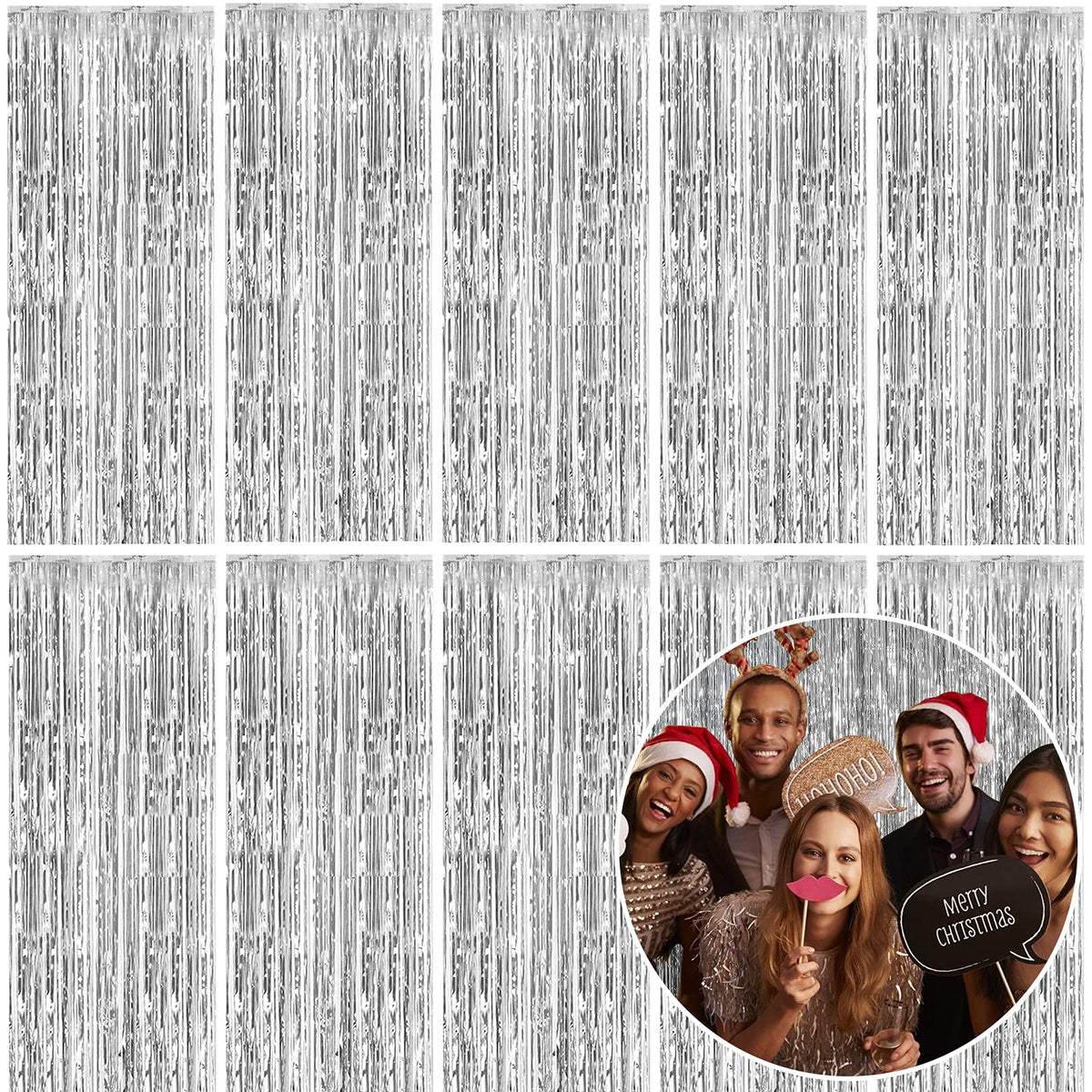 K.E.J. foil curtain backdrop in silver for vibrant photos and easy setup.