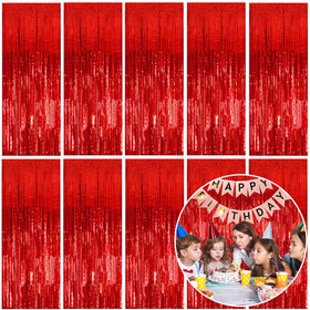 K.E.J. red metallic foil curtain backdrop for vibrant party photos.