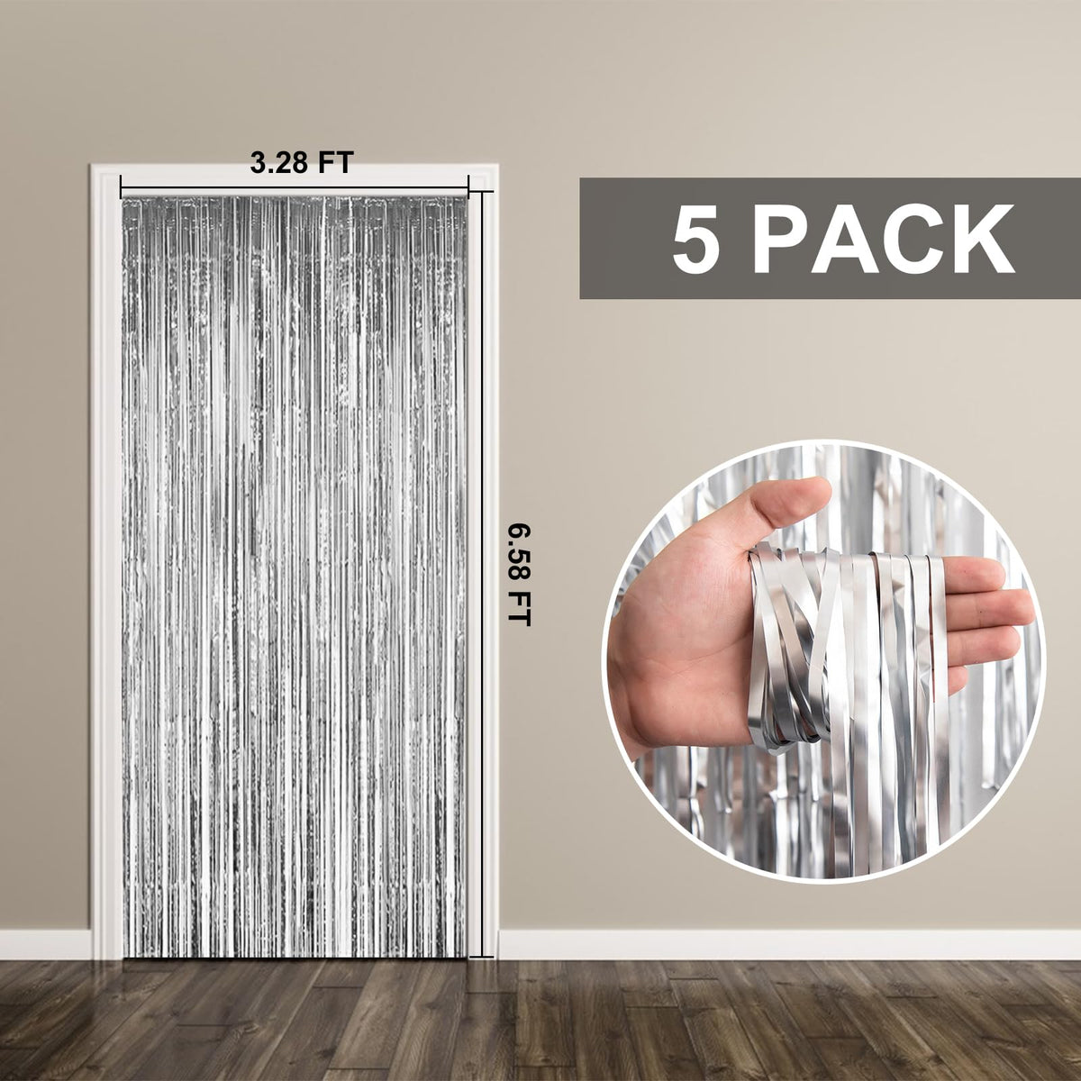 K.E.J. foil curtain silver party decor sparks festive atmosphere.