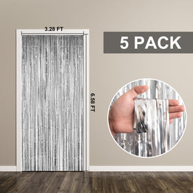 K.E.J. foil curtain silver party decor sparks festive atmosphere.