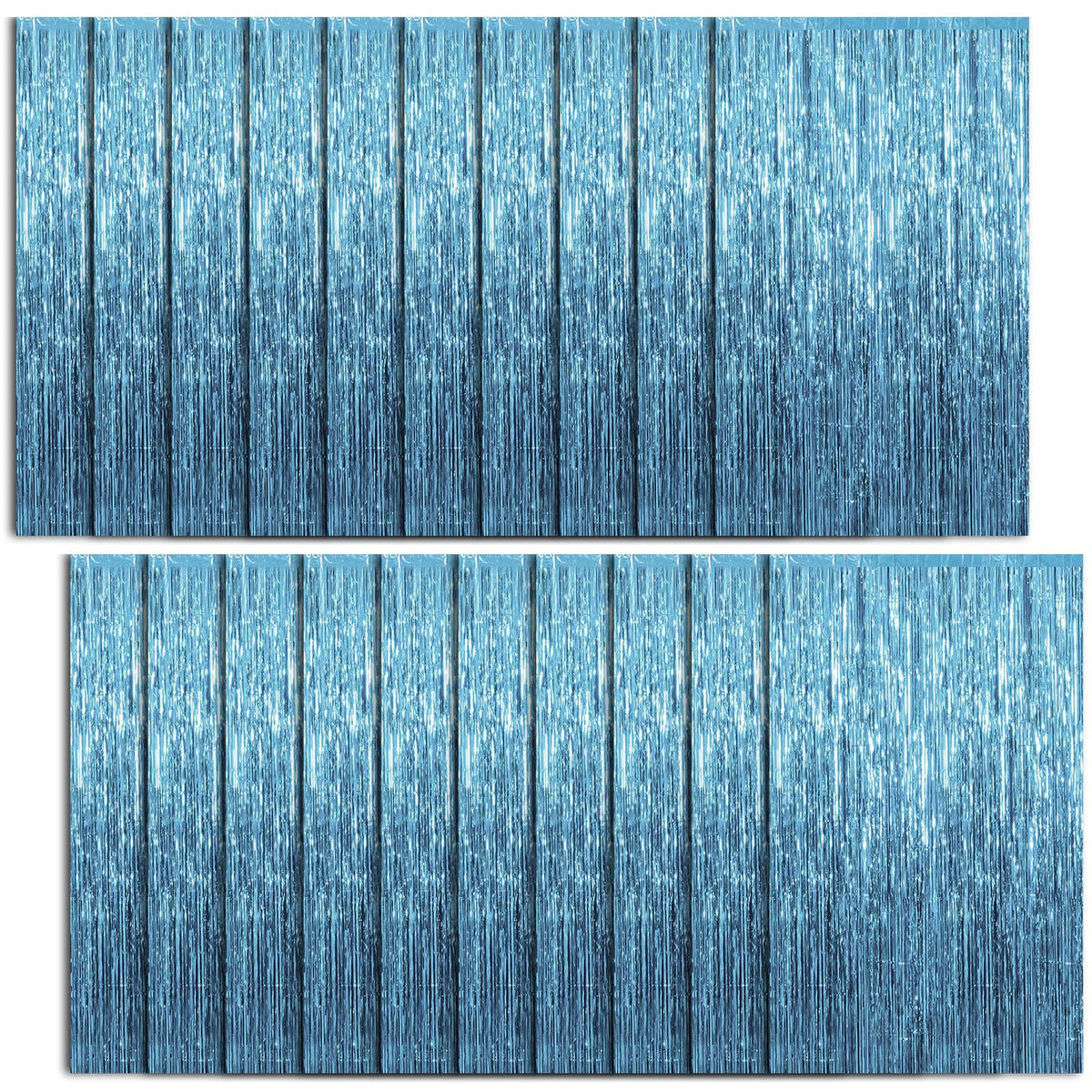 K.E.J. front view of blue foil curtain pack showing full panels and packaging, adds sparkle