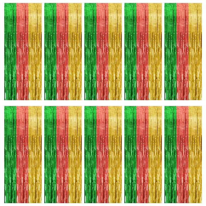 K.E.J. front view of ten-pack fringe curtains showing full set and packaging, ideal for parties