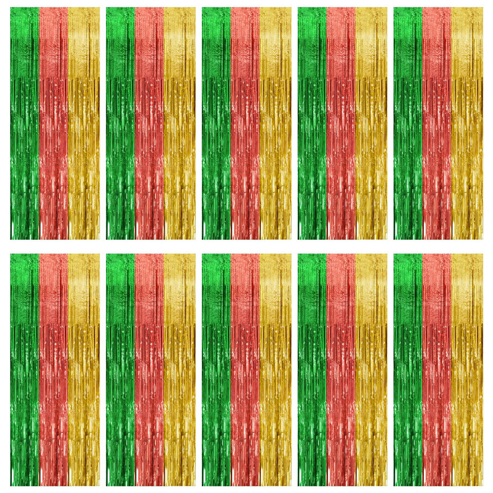 K.E.J. front view of ten-pack fringe curtains showing full set and packaging, ideal for parties