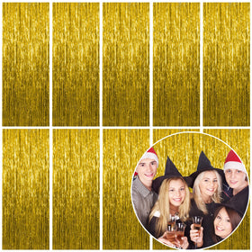 K.E.J. gold foil curtain backdrop adds sparkling entrance for celebrations.