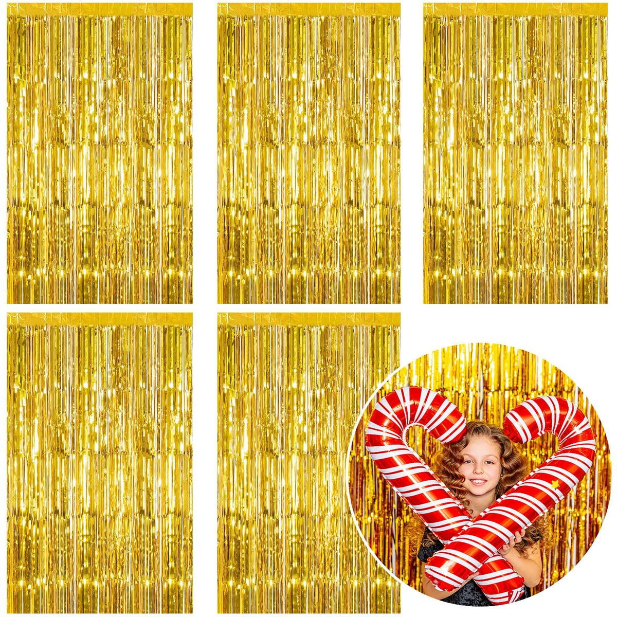 K.E.J. gold foil curtain backdrop 5-pack adds party sparkle and easy photo backdrops.