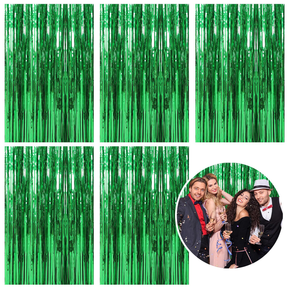 K.E.J green metallic foil curtain backdrop for festive party photos.