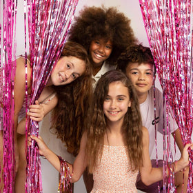K.E.J. party entrance foil curtain adds instant decorative sparkle.