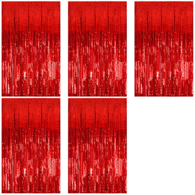 K.E.J. red metallic foil curtain backdrop enhances party photo opportunities.