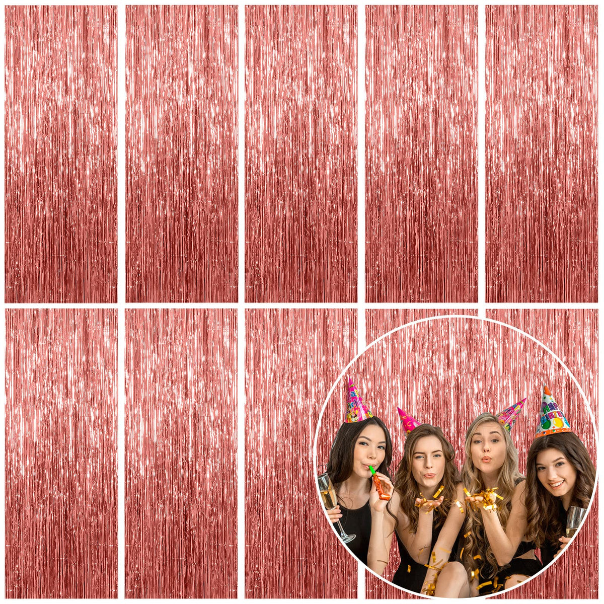 K.E.J. rose gold foil curtain backdrop adds festive shine for photos