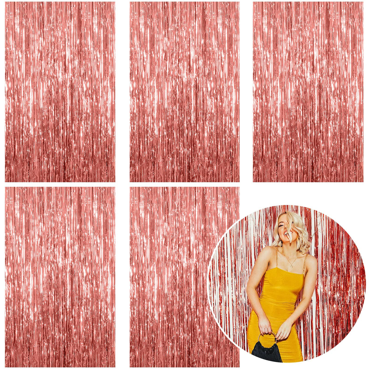 K.E.J. Rose Gold foil curtain backdrop 5-pack enhances party photos and ambience