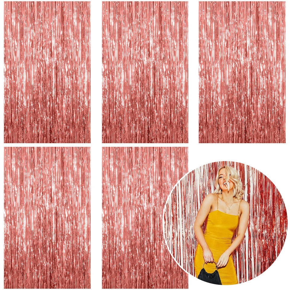 K.E.J. Rose Gold foil curtain backdrop 5-pack enhances party photos and ambience