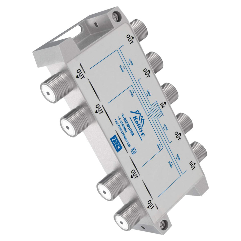 Keliiyo front view splitter showing eight outputs and single input, reliable multiroom distribution