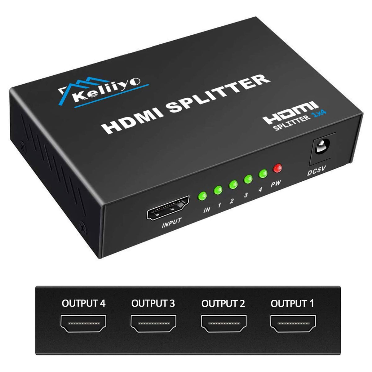 Keliiyo HDMI splitter 1x4 front view duplicating signal to four displays.