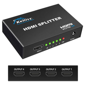 Keliiyo HDMI splitter 1x4 front view duplicating signal to four displays.