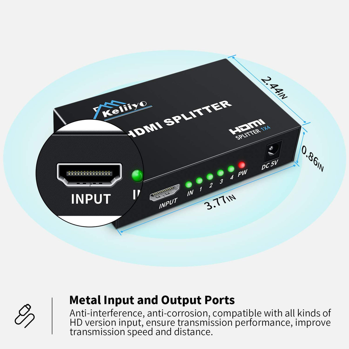 Keliiyo HDMI splitter on desk setup for home theater.