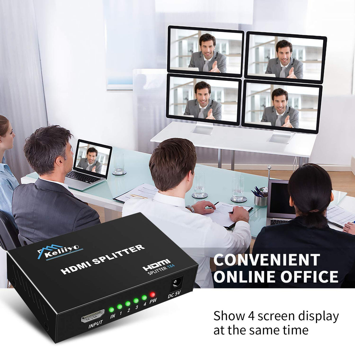 Keliiyo HDMI splitter retail demo setup with synchronized screens.