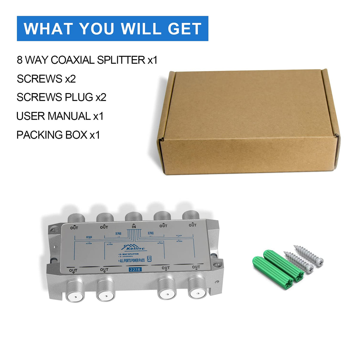 Keliiyo box with nails, rubber stoppers and manual, includes mounting accessories