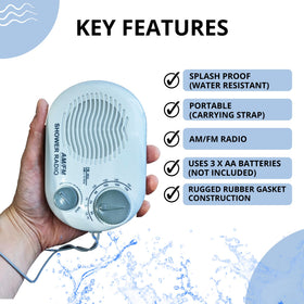 Ken-Tech Shower Radio with strap for easy carrying or hanging.