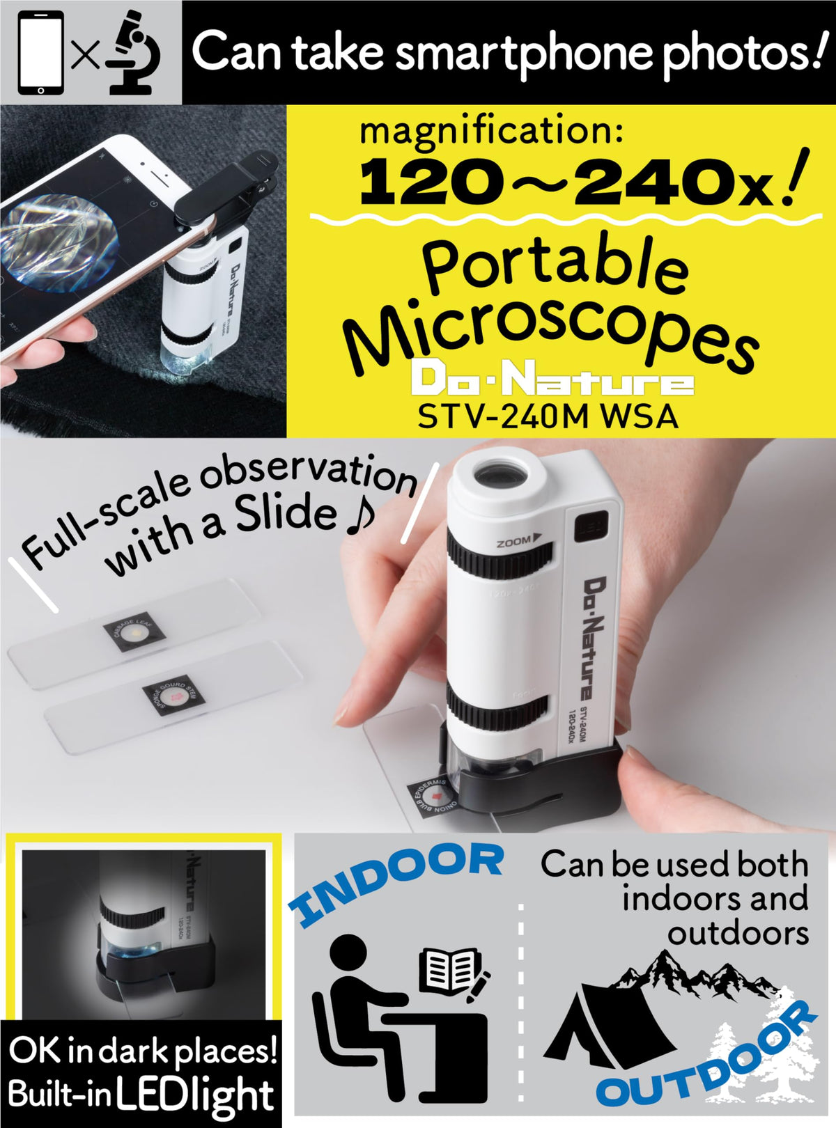 Kenko STV-240M close-up of zoom ring showing 120x–240x adjustment for flexible magnification