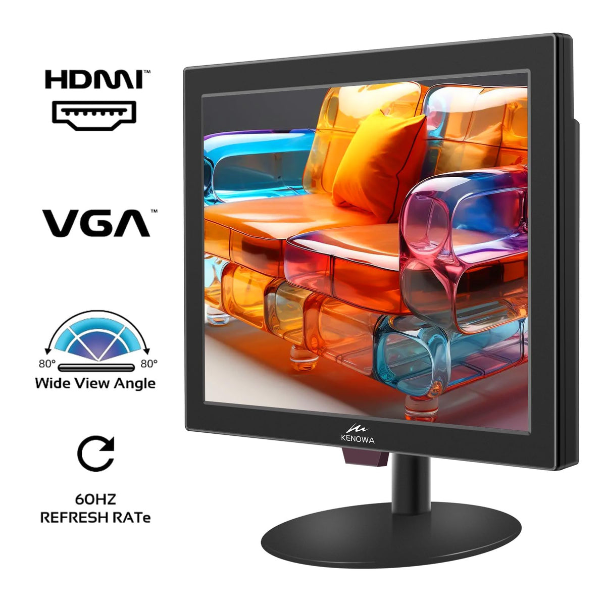 Kenowa 15-inch monitor ports close-up with HDMI, VGA, BNC, AV for versatile connections.