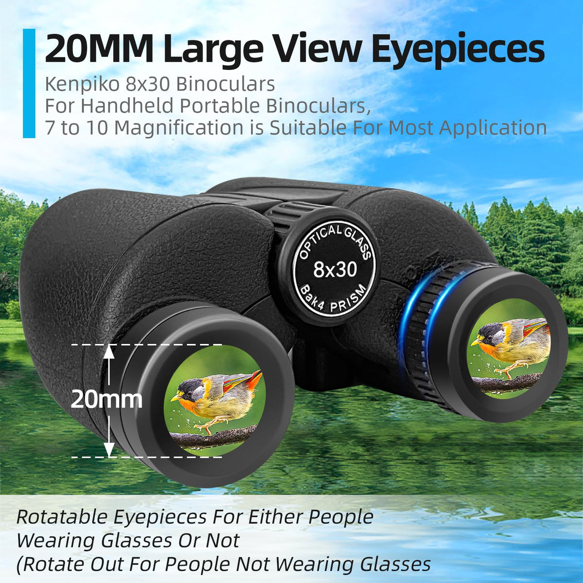 Kenpiko close-up of objective lenses highlighting FMC coatings for brighter views