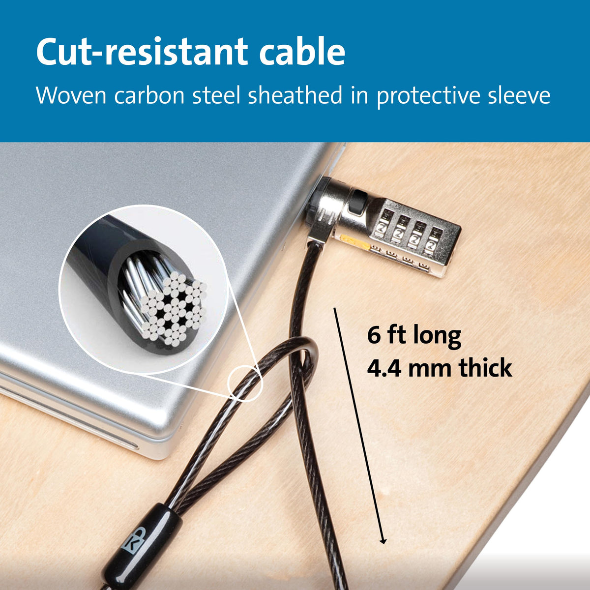Kensington cable anchored to a desk showing stable workstation security