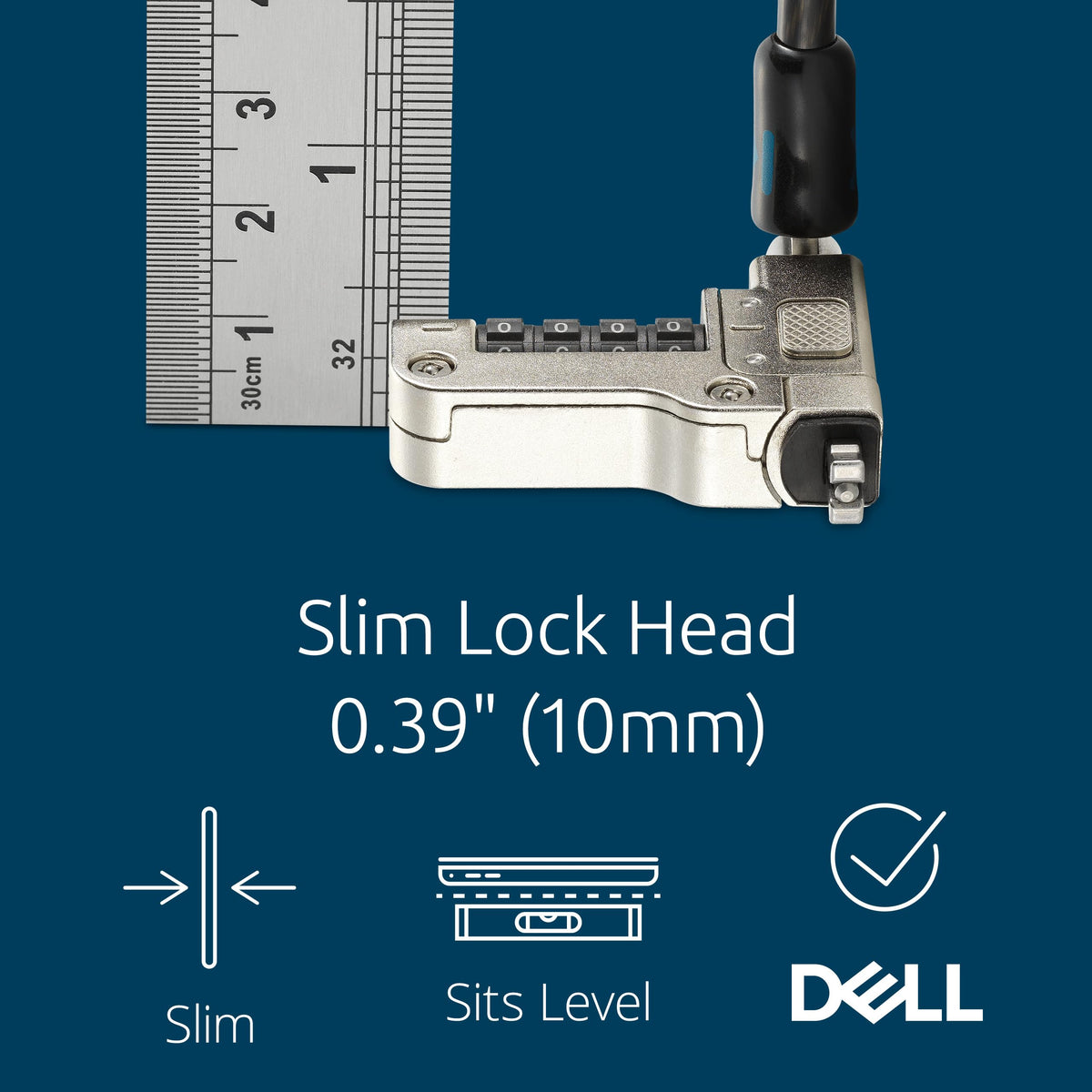 Kensington carbon steel cable next to ruler showing length and secure anchoring