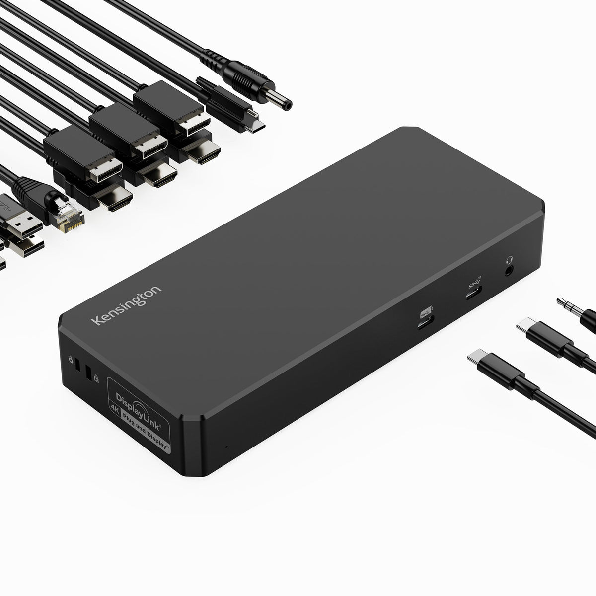 Kensington DisplayLink triple-4K dock powering MacBook with a multi-monitor setup, boosting productivity