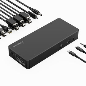 Kensington DisplayLink triple-4K dock powering MacBook with a multi-monitor setup, boosting productivity