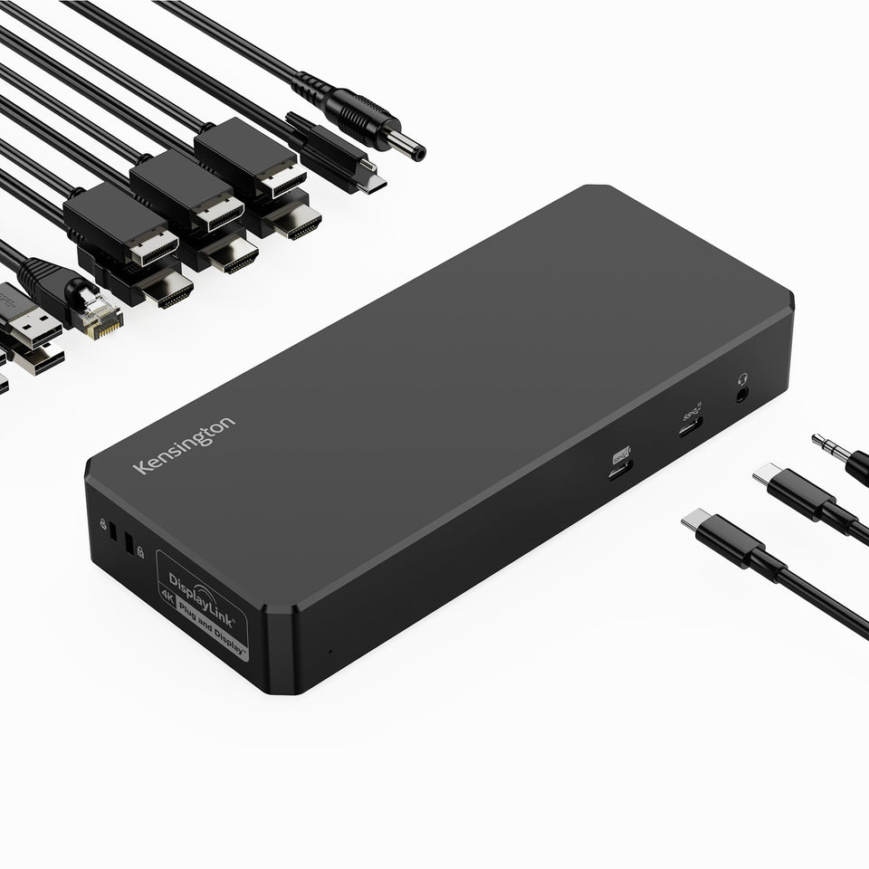 Kensington DisplayLink triple-4K dock powering MacBook with a multi-monitor setup, boosting productivity