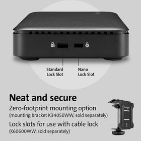 Kensington dock mounted with VESA to keep your desk clean and organized.