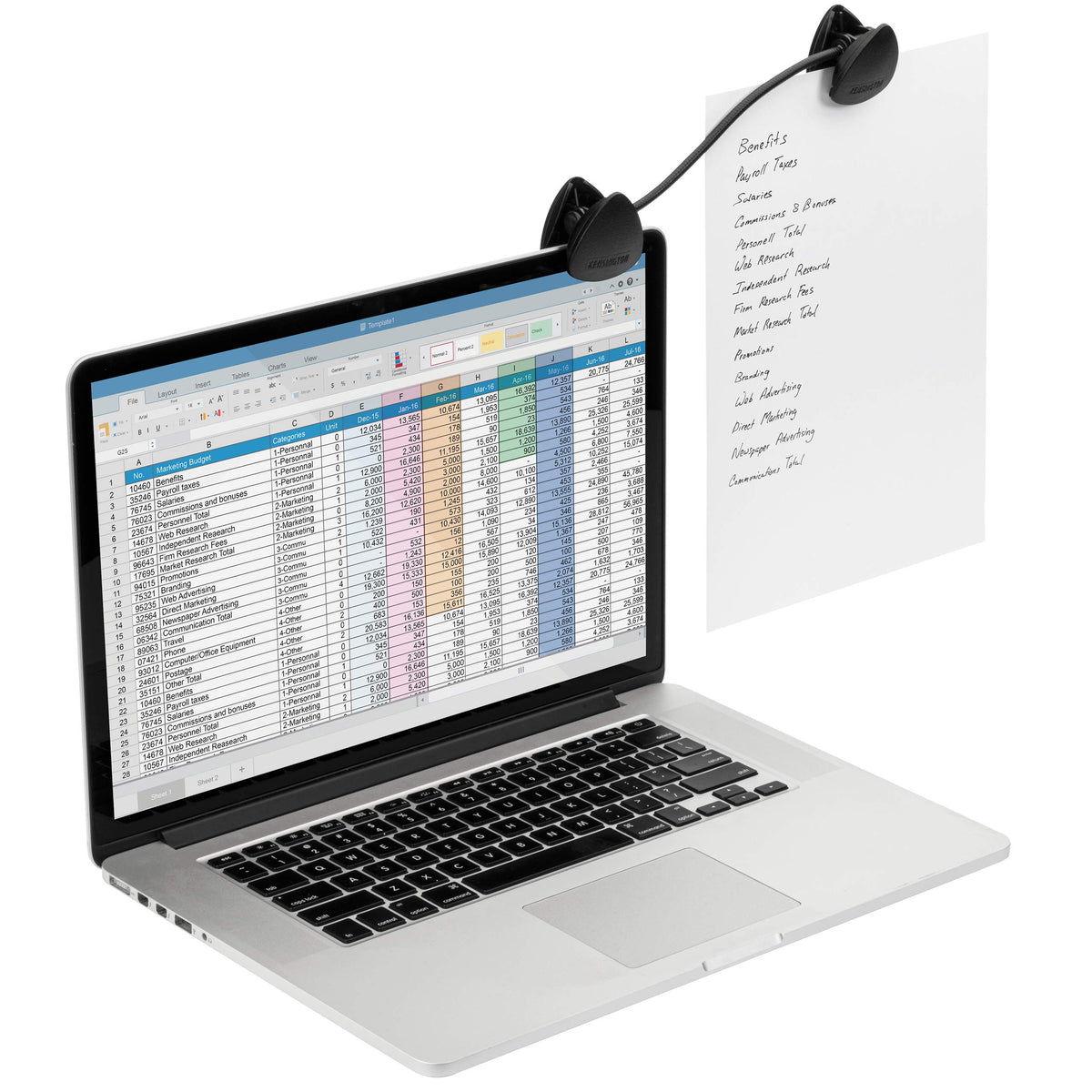 Kensington document holder typing stand keeps papers in view for efficient typing.