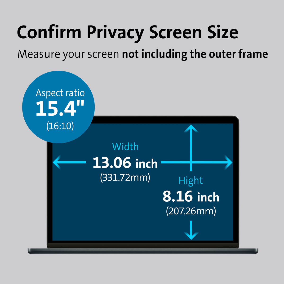 Kensington privacy screen next to ruler showing correct 15.4 inch fit