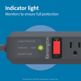 Kensington Guardian power strip with 15-foot cord extends reach for convenience.