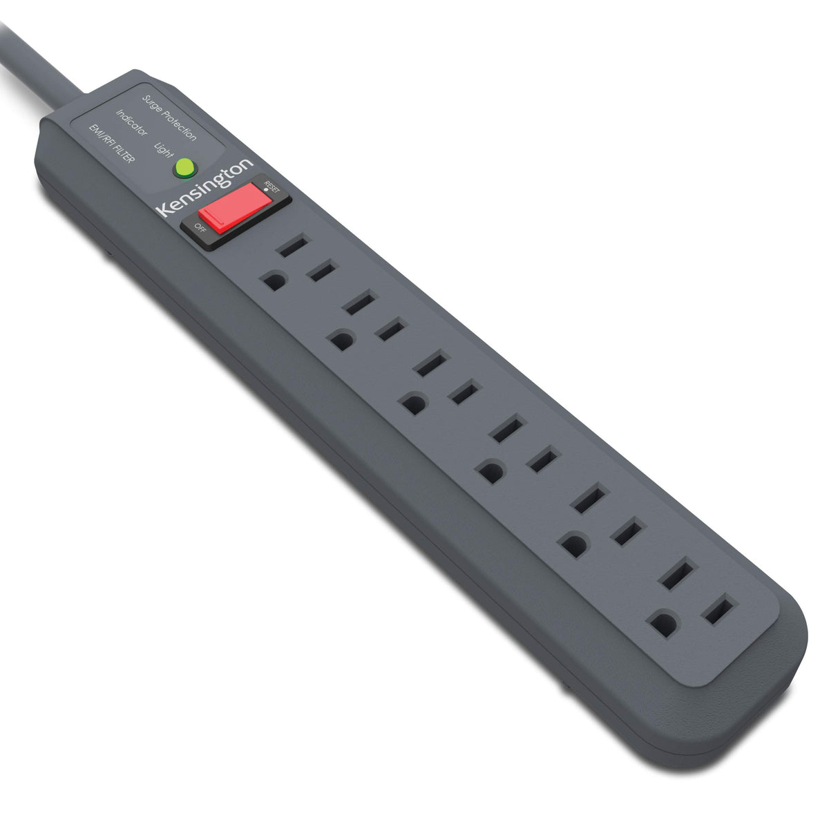 Kensington Guardian six-outlet power strip front view in black, delivering surge protection.