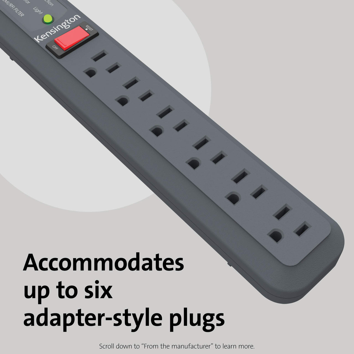 Kensington Guardian six-outlet power strip demonstrates six outlets for multiple adapters.