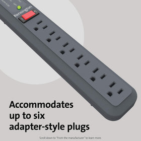 Kensington Guardian six-outlet power strip demonstrates six outlets for multiple adapters.