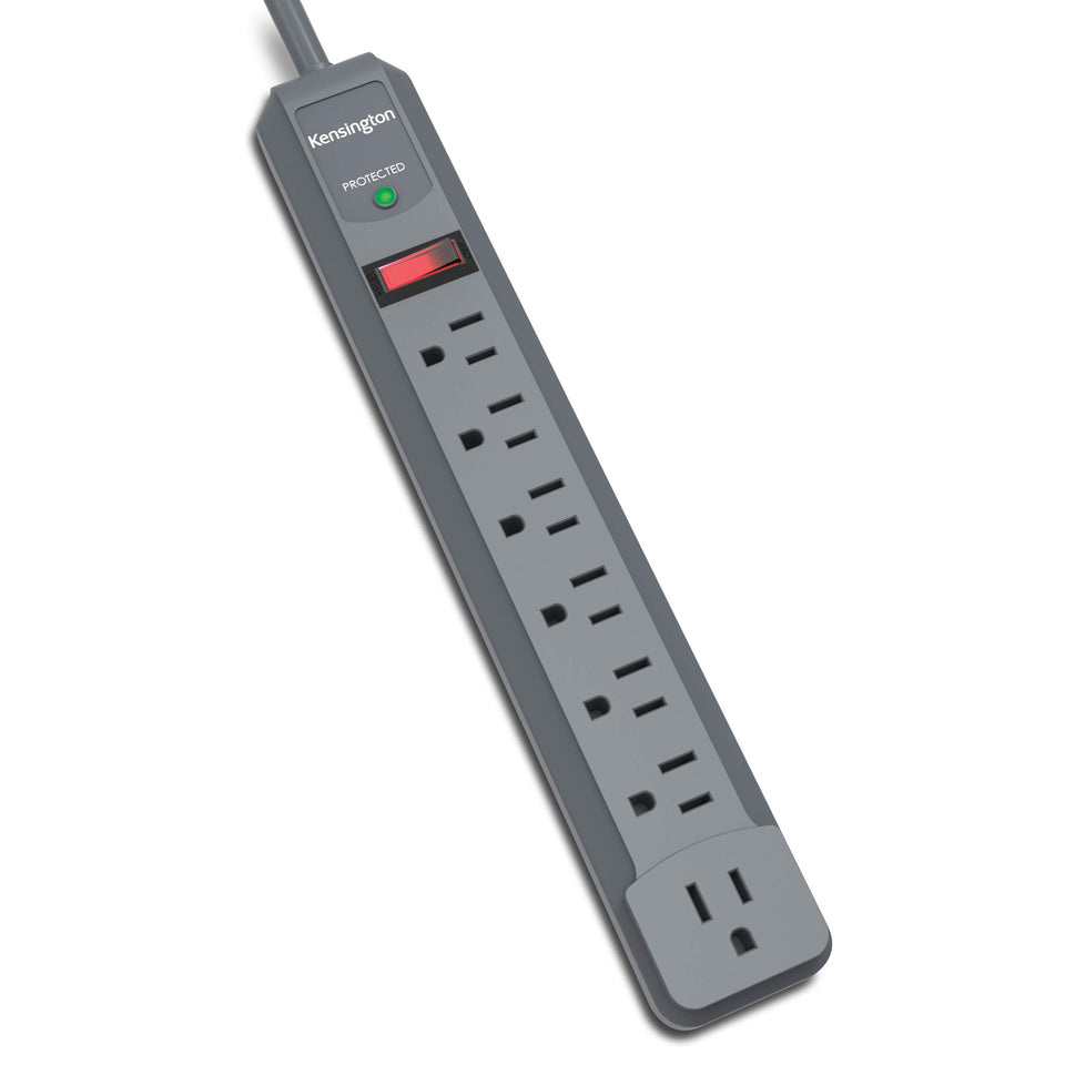 Kensington Guardian six-outlet surge protector protecting a desktop setup