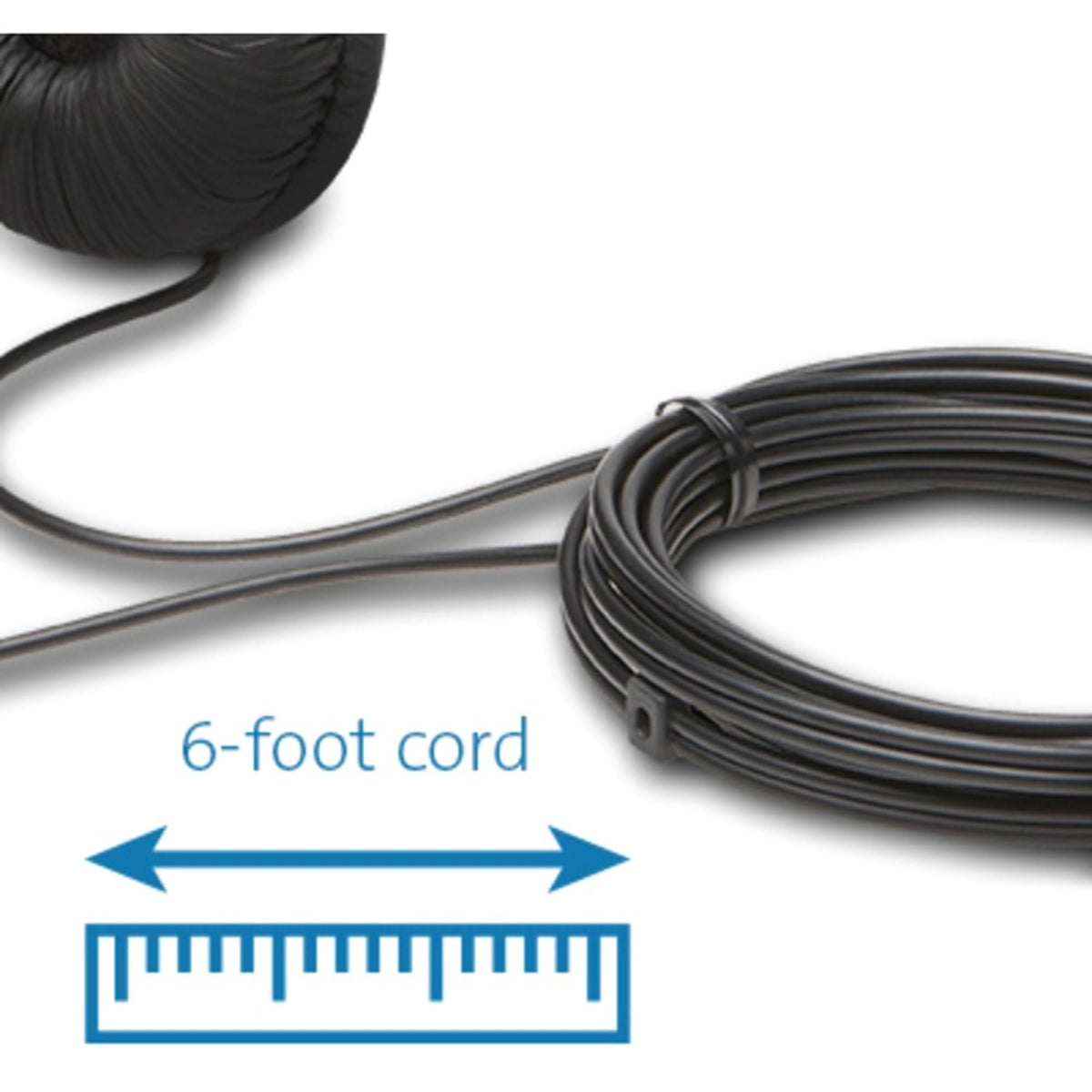Kensington cable and 3.5mm plug with ruler showing 6‑foot length for flexible placement