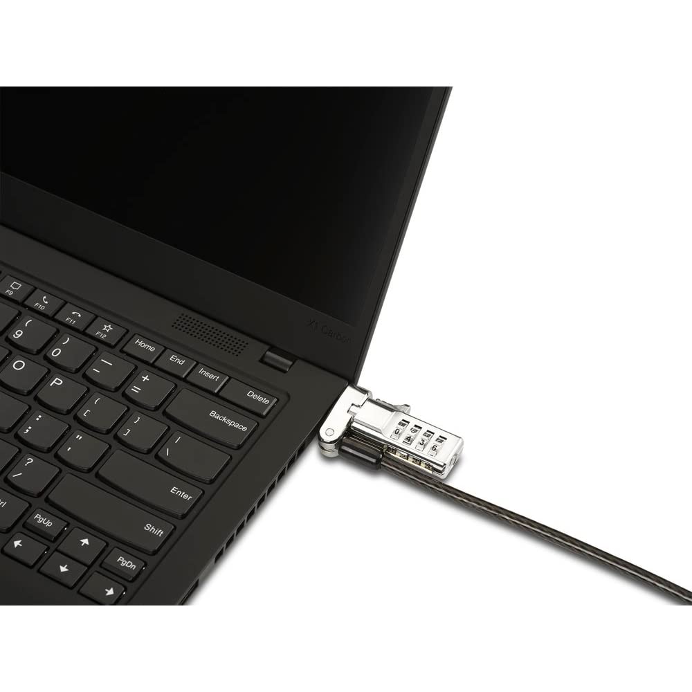 Kensington lock attached to docking station showing secure workstation benefit